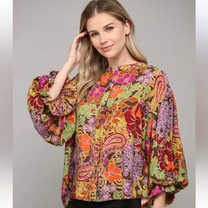 Fate Multi Floral 3/4 Baloon Sleeve Button Up Blouse Women’s Sz S